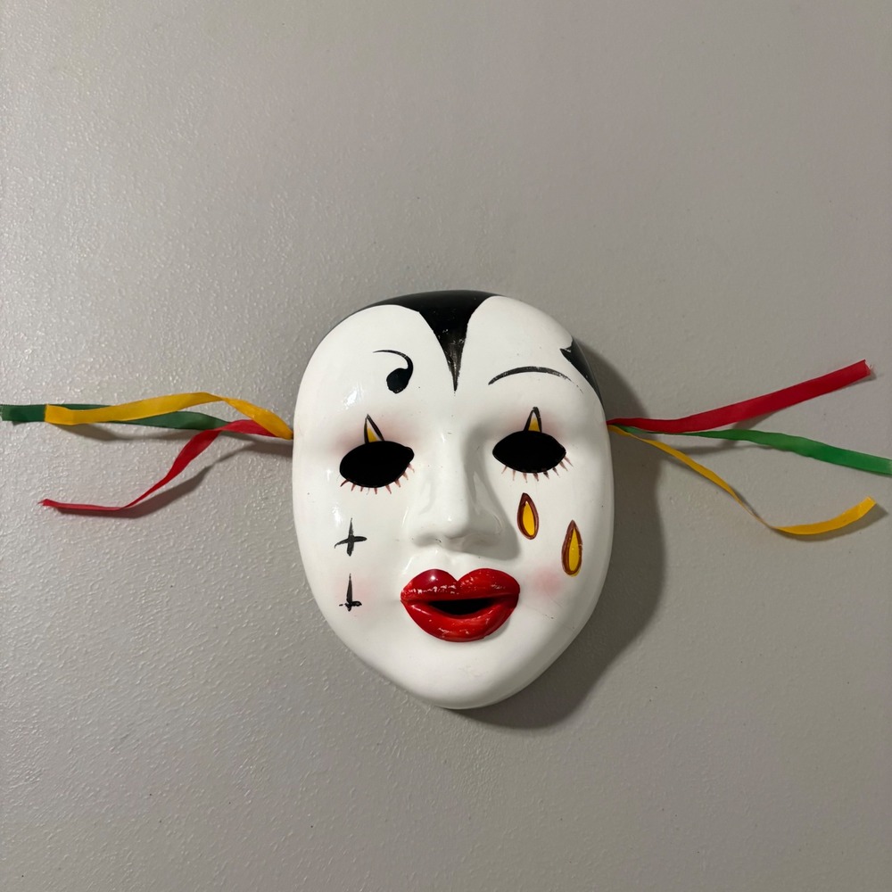 Hand Painted Ceramic Clown Mask Decorative Wall Hanging Red Lips Tears Ribbons